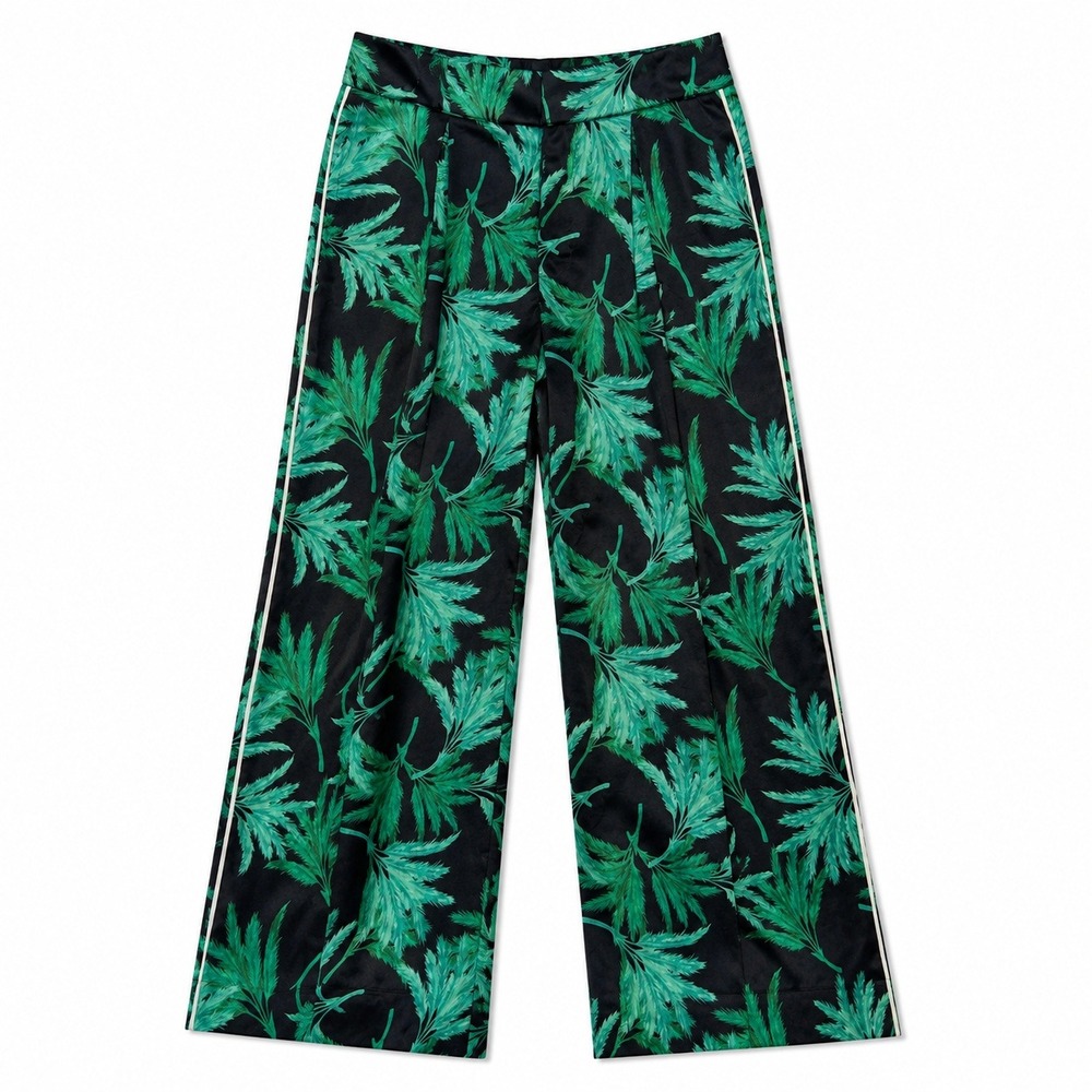 Green Tropical Palm Leaf Wide Leg Pants Black White Side Stripe Dopamine XS - Picture 1 of 11